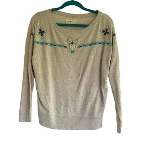 RL Denim & Supply Boyfriend Pull Over Western Cow Skull Beaded Sweatshirt Small